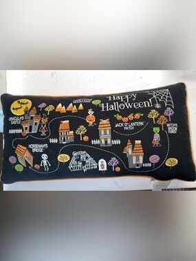 Halloween Embroidered Black decorative pillow with Orange Trim